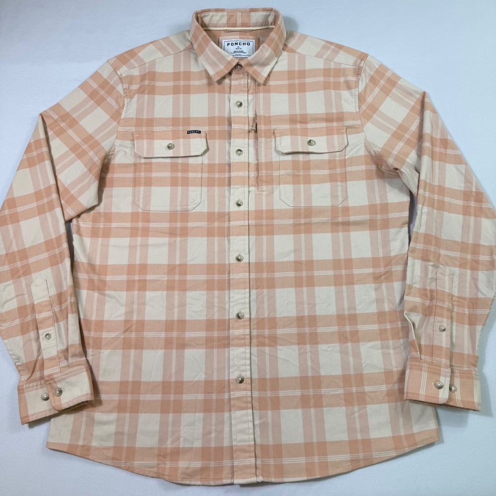 Poncho Outdoor Performance Shirt Mens XL Slim Peach Plaid Magnetic Pockets EUC
